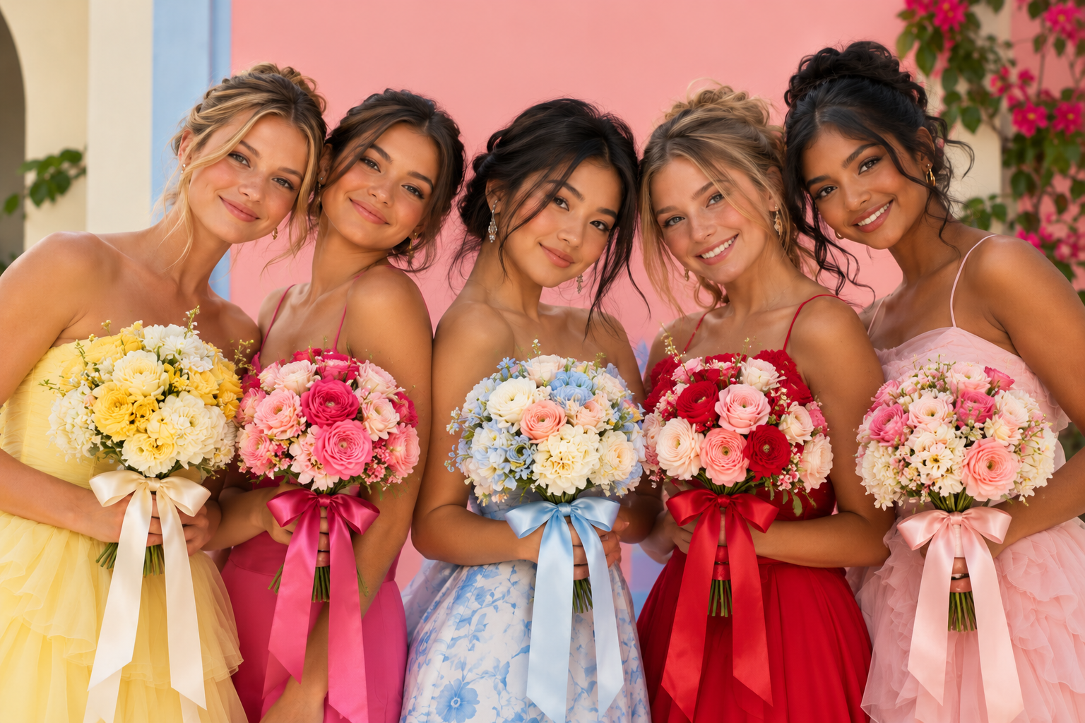 Five friends in colorful dance dresses holding bouquets tied with satin bows