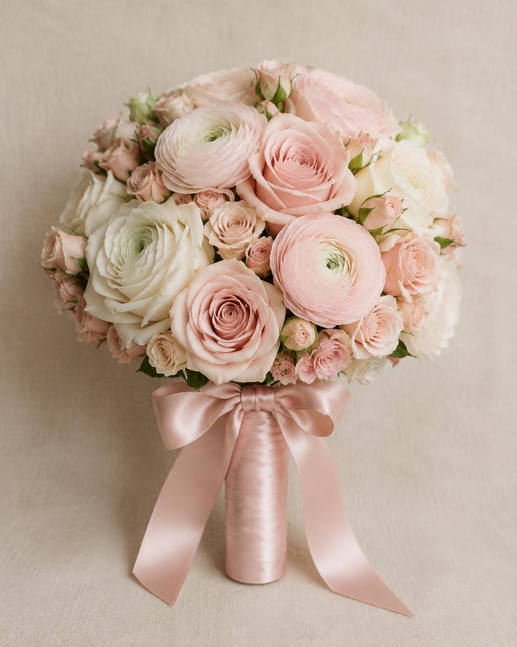 Blush and ivory bouquet with stems wrapped in blush satin and a bow